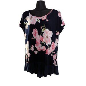 Espresso Black Pink Floral Crew Neck Spandex Blouse Shirt Top Large L